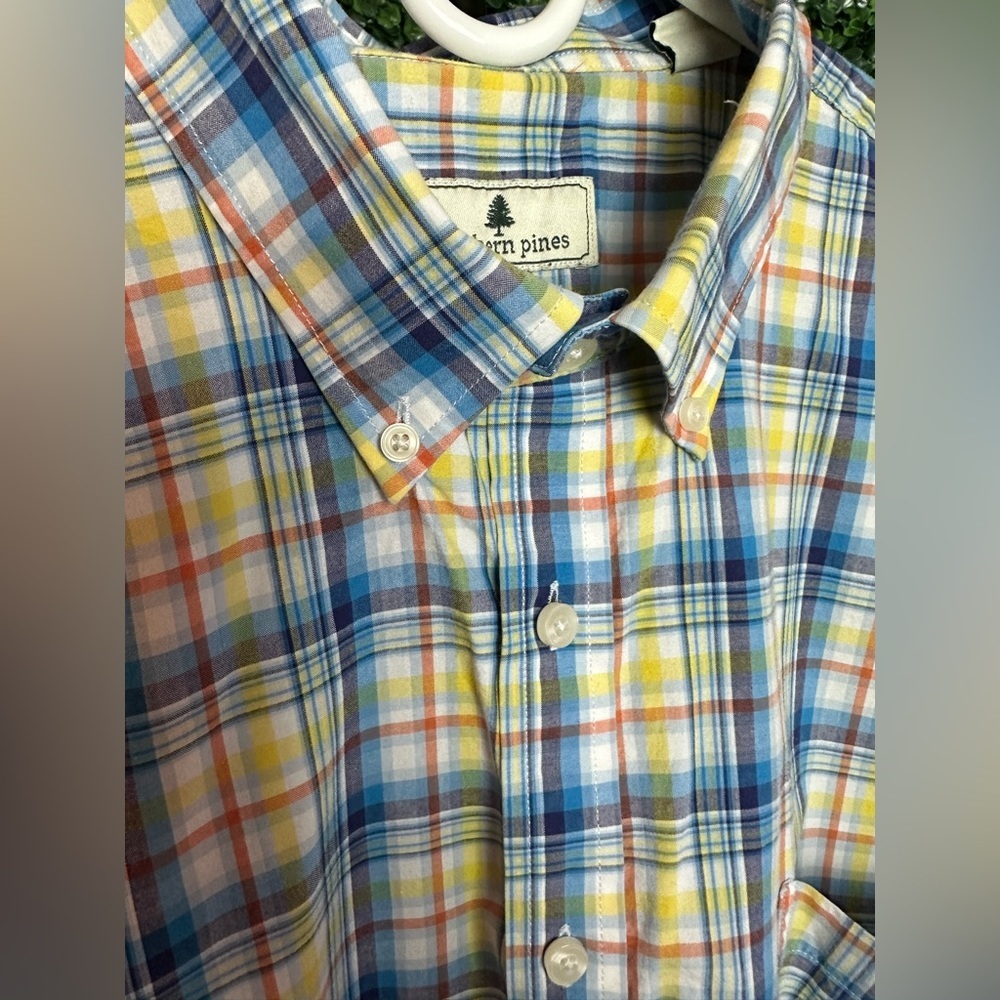 Men’s Southern Pines Long Sleeve Yellow and Blue Plaid Dress Shirt - Picture 3 of 8